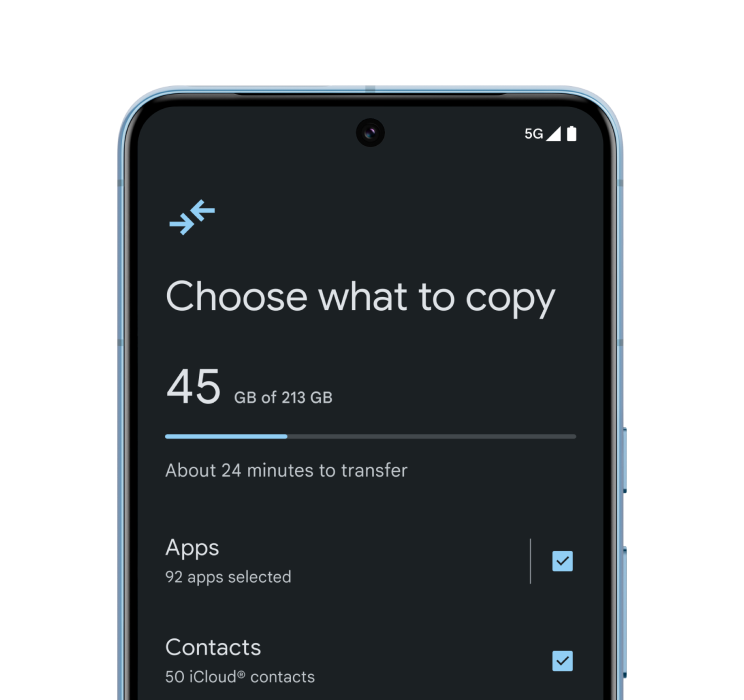 A Pixel phone displays a screen asking the user what data they want to copy over from their old phone.
