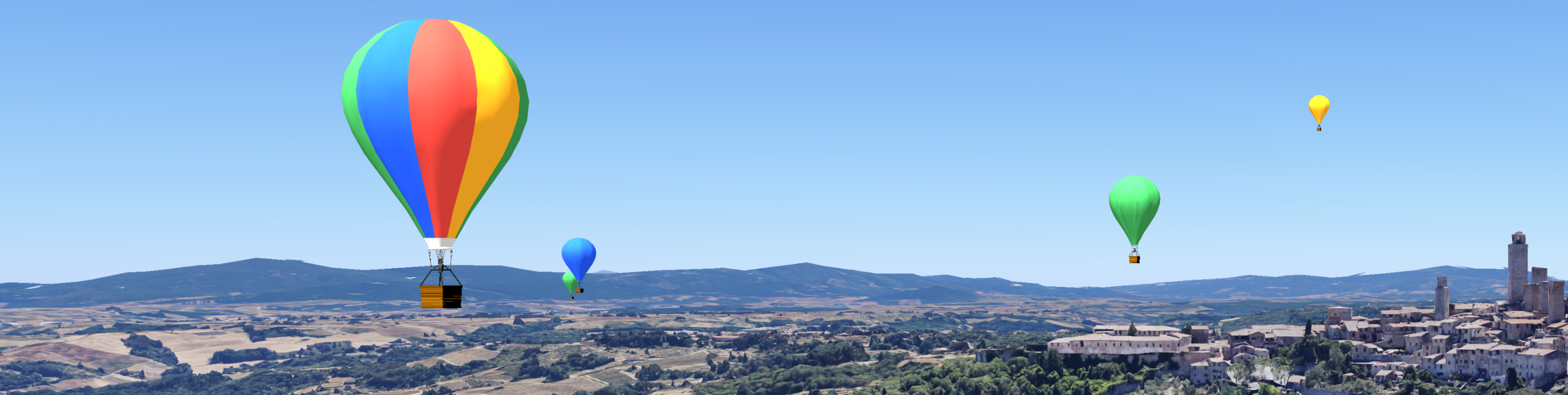 Renderização do mapa 3D de um local com balões de ar quente