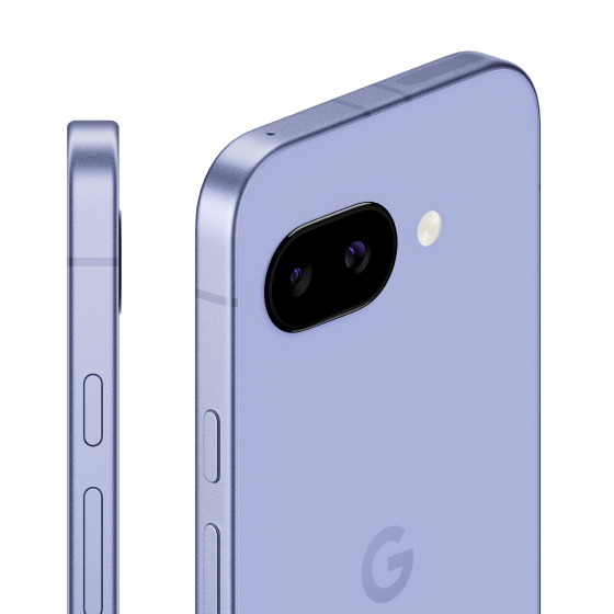 A side and back profile of Pixel 9a in Iris color
