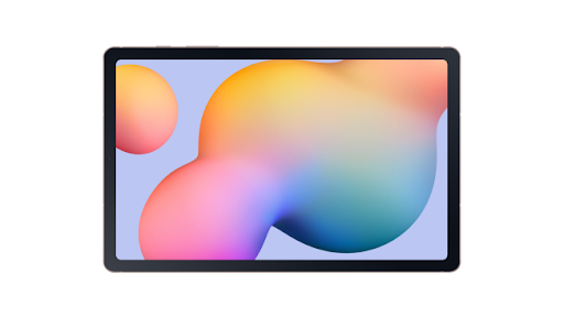 A Samsung Galaxy Tab S6 Lite tablet with a colourful bubble-like wallpaper on screen and pricing details to shop now.