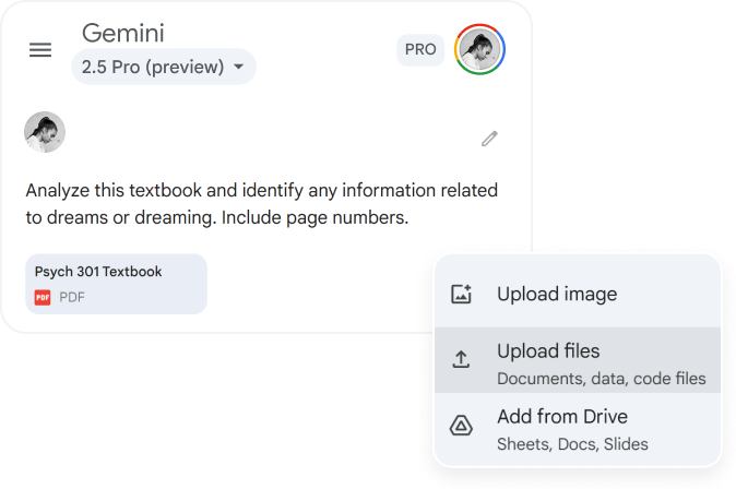 A Gemini Prompt that reads "Analyze this textbook and identify any information related to dreams or dreaming. Include page numbers."