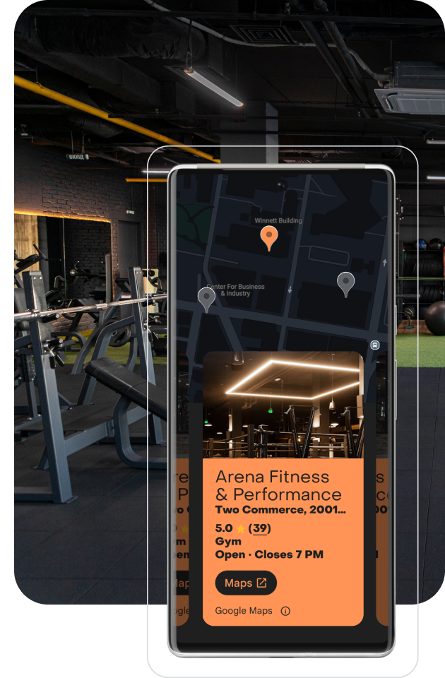 A mobile phone showing location data about a gym.