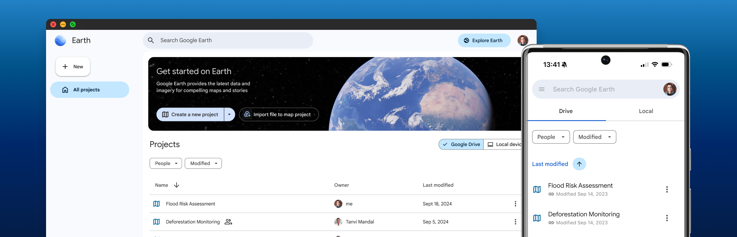 Google Earth UI showing project organization capabilities
