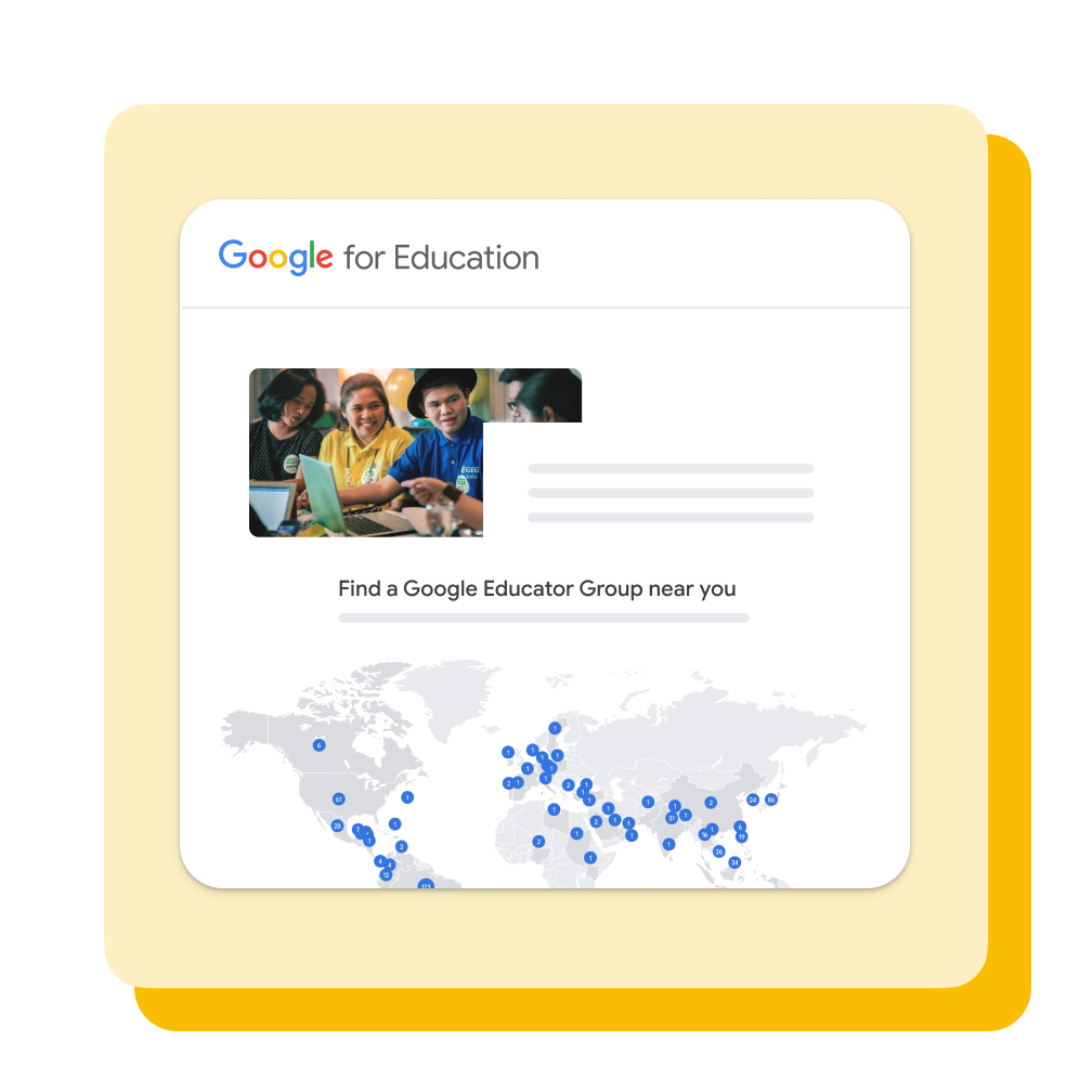 Students work on a laptop together. Below that is map with drop pins that represent local educators around the globe.