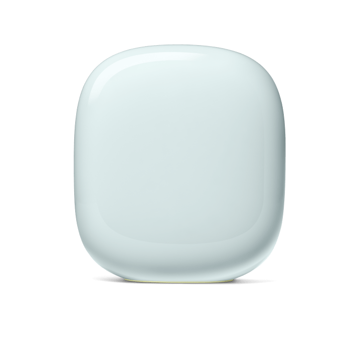 Front-facing view of a Fog-colored Nest Wifi Pro.