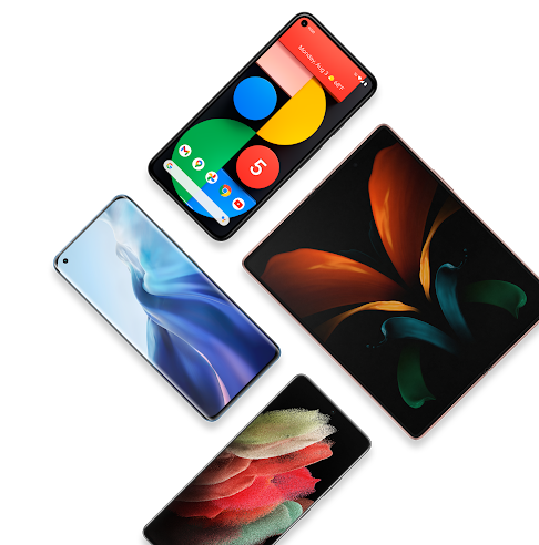 A bird’s-eye-view of three different phones running Android OS, angled 45°.